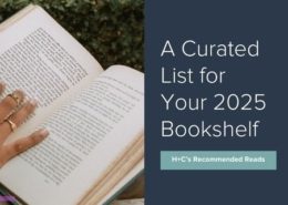 A hand holding an open book on the left page, next to the text: "A Curated List for Your 2025 Bookshelf.”