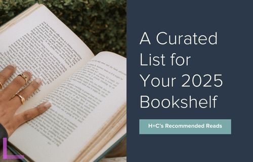 A hand holding an open book on the left page, next to the text: "A Curated List for Your 2025 Bookshelf.”